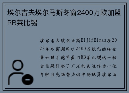 埃尔吉夫埃尔马斯冬窗2400万欧加盟RB莱比锡