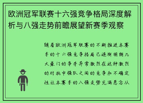 欧洲冠军联赛十六强竞争格局深度解析与八强走势前瞻展望新赛季观察